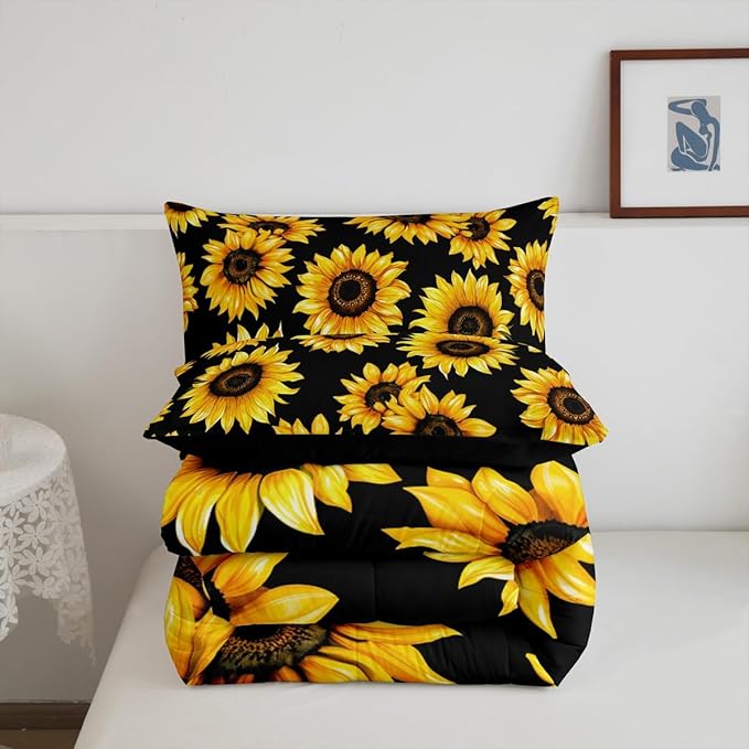Sunflowers Comforter Set - Black & Yellow Sunflowers Print Bedding Set Twin Size for Kids Girls Women Room Decor,Cute Floral Bedding, 1 Soft Reversible Botanical Flowers Comforter and 1 Pillow Sham