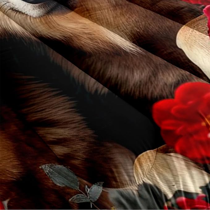 Wolf Comforter Set Twin Size Red Rose Wolves Bedding Set Wild Animal Bedding Sets Black Floral Animals Comforters Soft Down Alternative Comforter Sets for Girls Boys Kids Teens