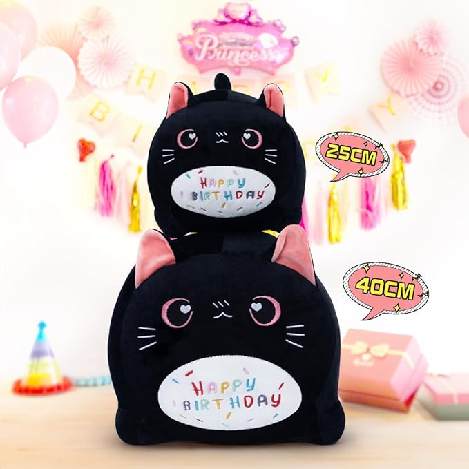 Birthday Cat Plush Pillow Stuffed Animal Toy, Black Birthday Cat Plush Stuffed Animals, Soft Cat Plush Pillow for Kids(Black Cat, 40cm/15.7inch)
