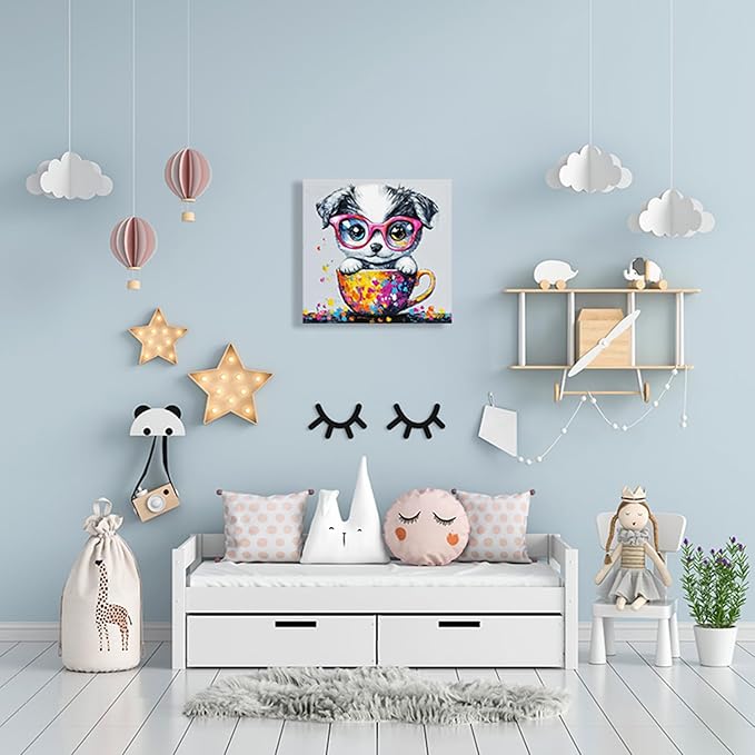 Ypxzzj Graffiti Cute Puppy in a Teacup Canvas Wall Art, Animal Dog Picture Prints Wall Art, Cute Animal Poster Cat with Glasses Wall Art for Livingroom Bedroom Nursery Room Framed Ready to Hang