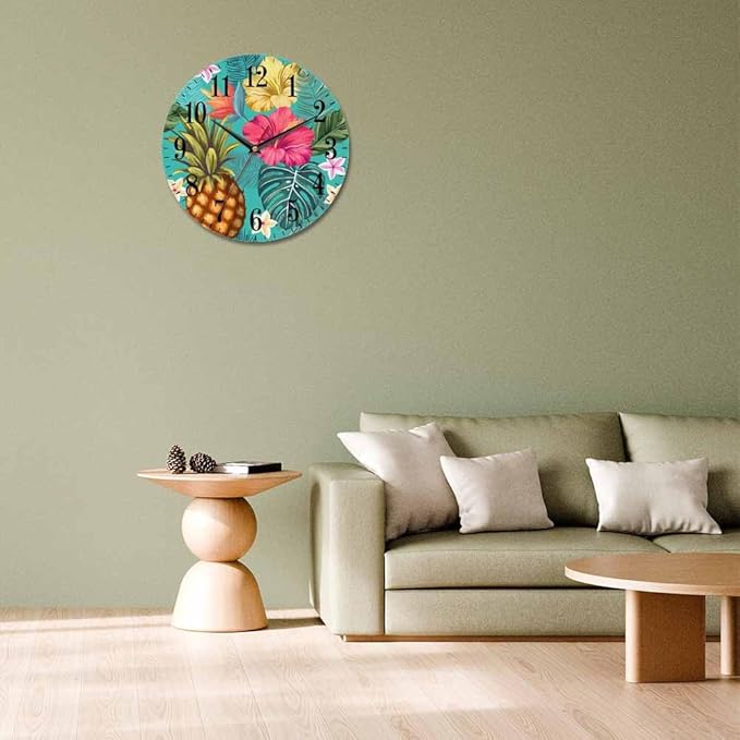 Tropical Pineapple Wall Clock Blooming Hibiscus Flowers Palm Exotic 10 Inch Silent Non Ticking Battery Operated Clock Vintage Round Clock for Living Room Bedroom Bathroom Office Decor
