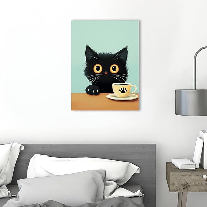 Ypxzzj Cute Black Cat Drinks Coffee Canvas Art Print, 12''x16'', Living Room, Bedroom Wall Decor