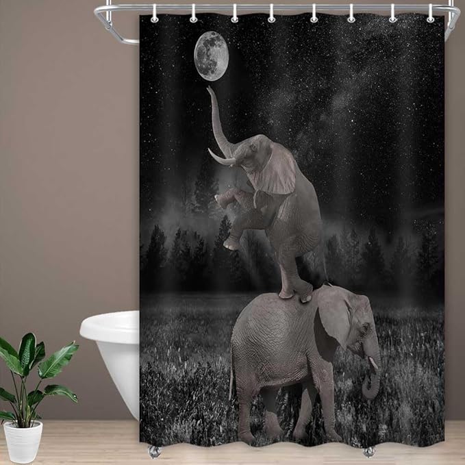Boziqr Funny Shower Curtains for Bathroom, Cute Elephant Moon Forest Bath Curtain, Rustic Farmhouse Decor Polyester Fabric Fun Cool Animals Black 48 x 70 Inches