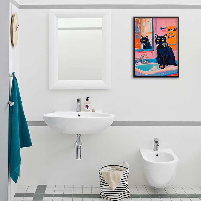 Black Cat Wash Your Paws Fun Wall Art Funky Colorful Bathroom Animal Poster Playful Kitsch Dopamine Aesthetic Canvas Pictures 16x24 inch Black Framed for Bathroom Wall Decor