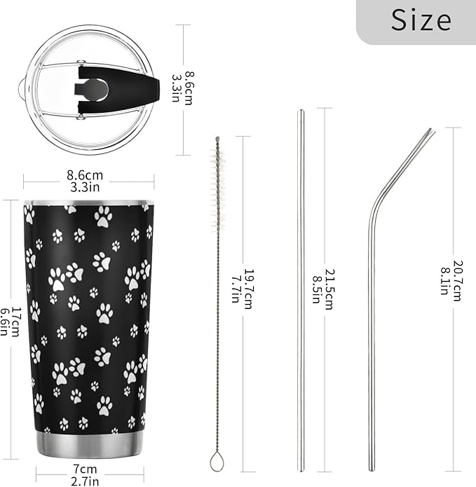 Tumbler White Dog Cat Paw Print Black Insulated Coffee Cup Beverage Container Travel Mug with Straw and Lid Double Wall Stainless Steel 20oz BPA-Free for Sport, Back to School