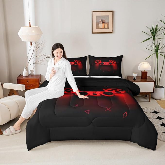 Boys Gamer Comforter Set Full Size,Gamepad Bedding Set Kids Young Man Video Games Down Comforter for Teen Child Game Room Decor Black Red Classic Retro Gaming Quilted Duvet Set with Pillowcase