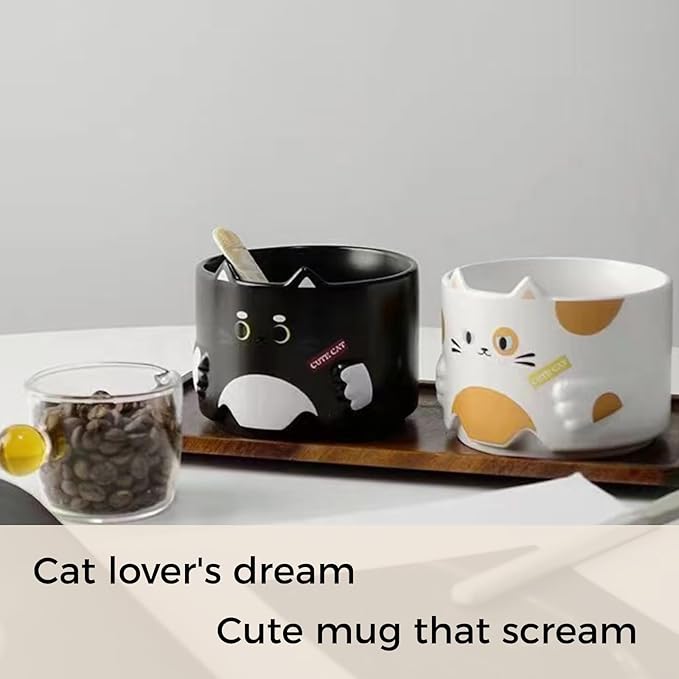 Stackable Cat Mug Set of 2 - Adorable Ceramic Coffee Mugs for Cat Lovers, Funny Cartoon Designs, Perfect Gifts for Party, Christmas, and Enthusiasts, 10 oz, Black and White