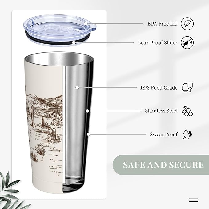 Western Desert Tumbler Cowboy Stainless Steel Insulated Tumblers with Lid Straw Reusable American Wild Landscape Coffee Travel Mug Tea Drinking Water Wine Cups Gifts for Women 20 Oz