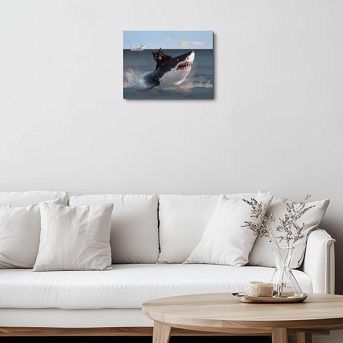 TBT Funny Cat Canvas Wall Art, Funny Quirky Cat and Shark Pictures Canvas Print Animal Lover Gifts Abstract Cats Shark Posters Wall Decor for Living Room Bathroom Kitchen Farmhouse Decor 11.5x15In