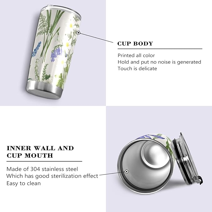 Tumbler Garden Flower Purple White Insulated Coffee Cup Beverage Container Travel Mug with Straw and Lid Double Wall Stainless Steel 20oz Office, Back to School
