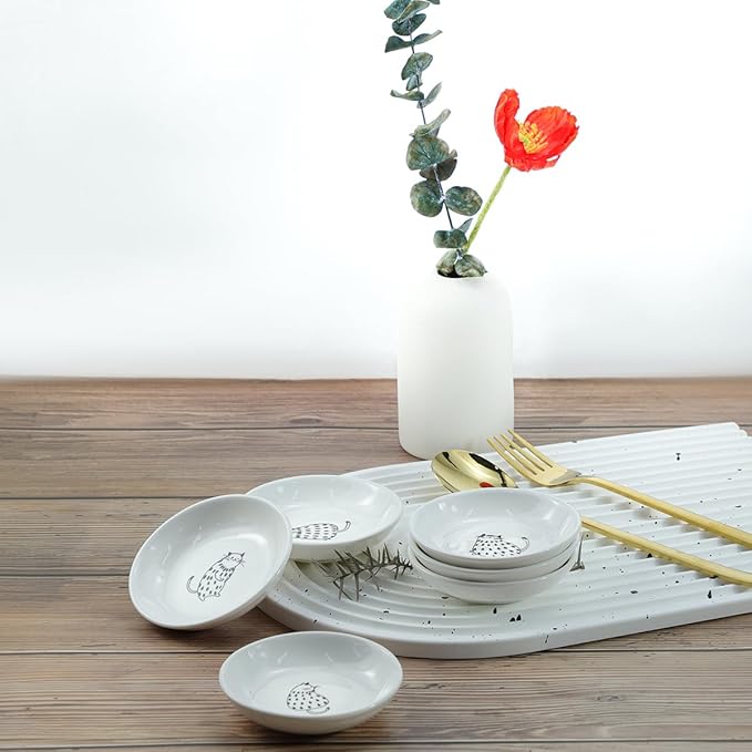 Super Cute Rain Dot Cat Ceramic Sauce Dish/Seasoning Dish/Sushi Soy Dipping Bowl/Appetizer Plates/Serving Dish for Kitchen Home(Set of 6)