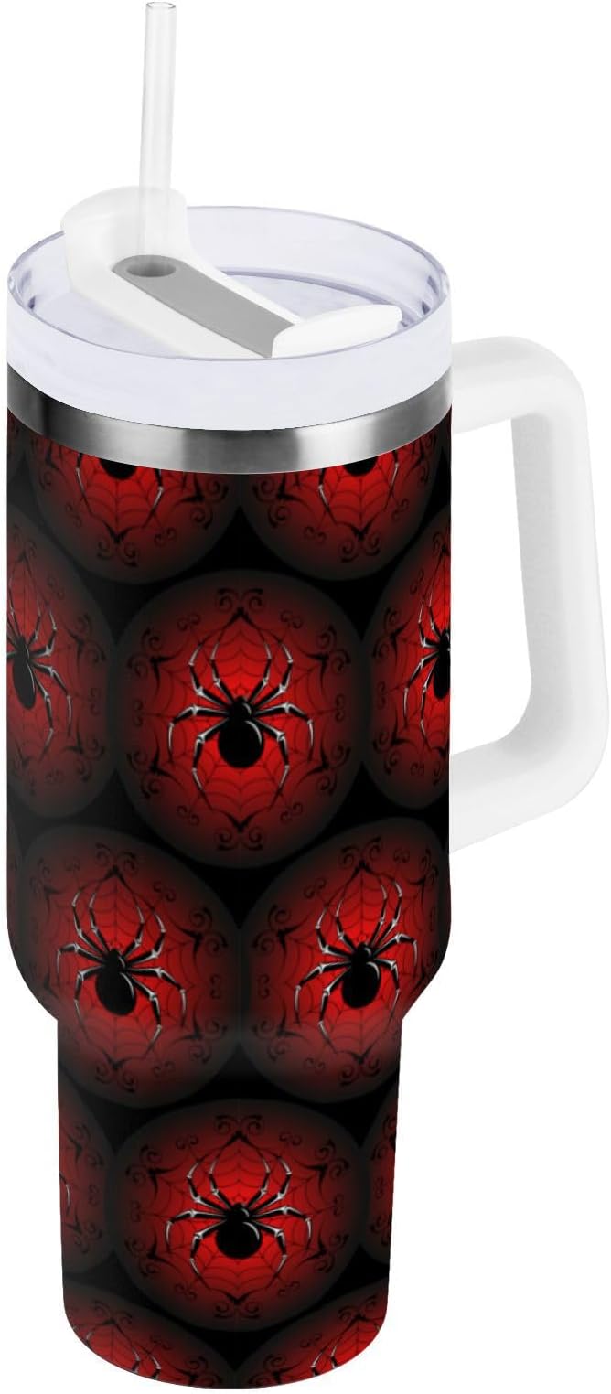 Boccsty Black Red Spider's Web Insulated Tumblers Reusable Stainless Steel Tumbler 40 oz Cup Coffee Travel Mug Water Bottle with Handle & Flip Straw for Home Office Car