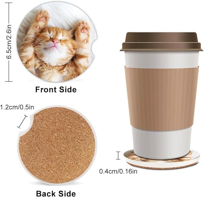 Sleeping Cat Absorbent Car Coasters,Cute Animal Ceramic Cup Holders Coasters with a Finger Notch for Women Men 2.56"(2 Pieces)
