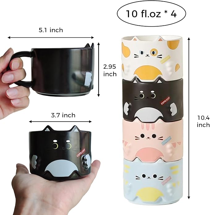 Stackable Mug Set of 4, Adorable Ceramic Coffee Mugs with Funny Cartoon Cat Designs, Perfect Gifts for Parties, Christmas, and Cat Lovers, 10 oz