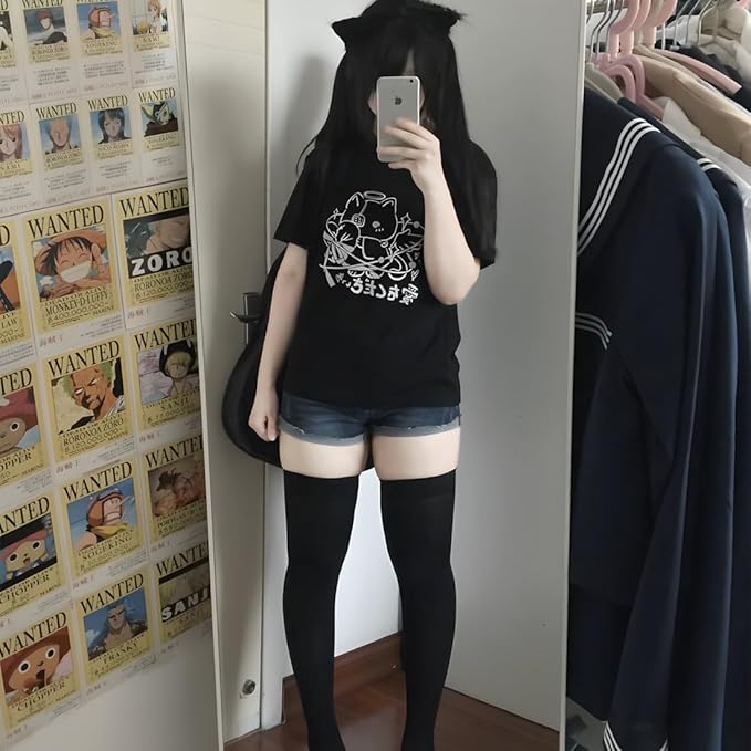 Y2K Gothic Grunge Kawaii Fashion Casual Style Crew Neck Short Sleeve Goth Cartoon Cat Graphic Print T-Shirt