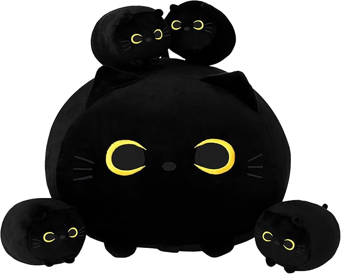 SQEQE Black Cat Plush, Cat Stuffed Animals Plushie with 4 Cute Babies Cat Plushies in Her Tummy, Soft Plushie Pillow Gifts for Kids