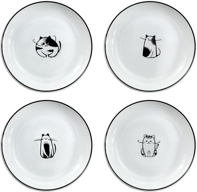 WAIT FLY 5 Inches Funny Dog and Cat Pattern with Brush Strokes Ceramics Seasoning Dishes/Tea Bag Holders/Ketchup Saucer/Appetizer Plates/Seasoning Dipping Bowls, Set of 4