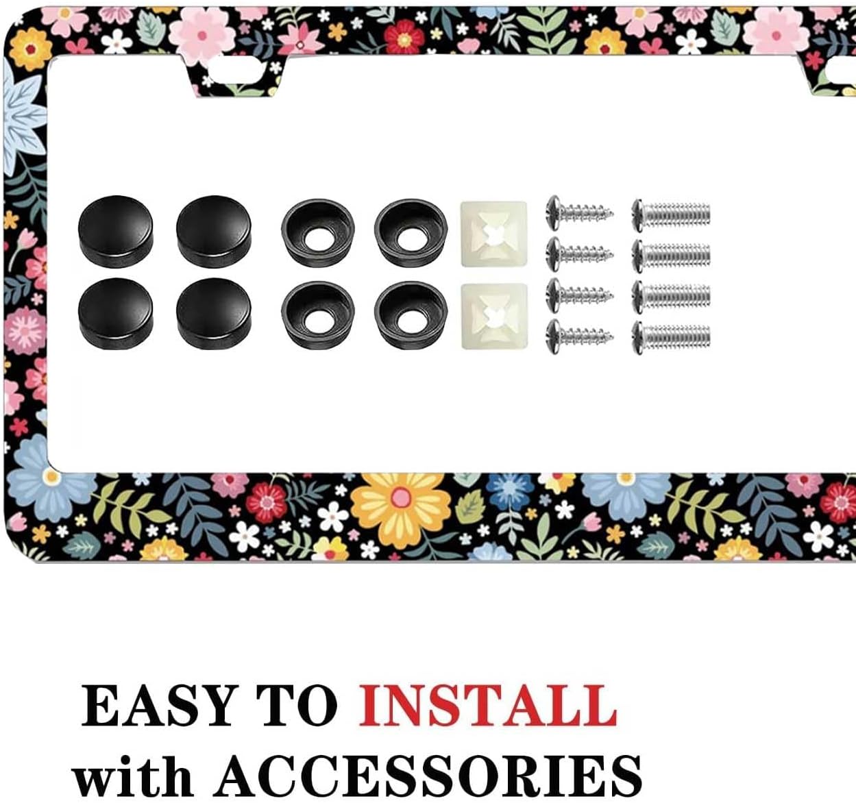 2 Pack Universal Retro Colorful Flowers License Plate Frame - Heavy Duty Rustproof Aluminum Matte Black Car Tag Holder Bracket Fits All Vehicles, Easy Install with Screws Included