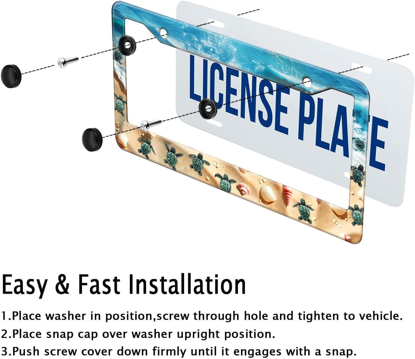 Cute Beach Turtles License Plate Frame, Sea Turtles Sea Shell Starfish Front License Plate Holder Cover, Metal Aluminum Rustproof Car Accessories for Women Men 2 Holes with Screw Caps