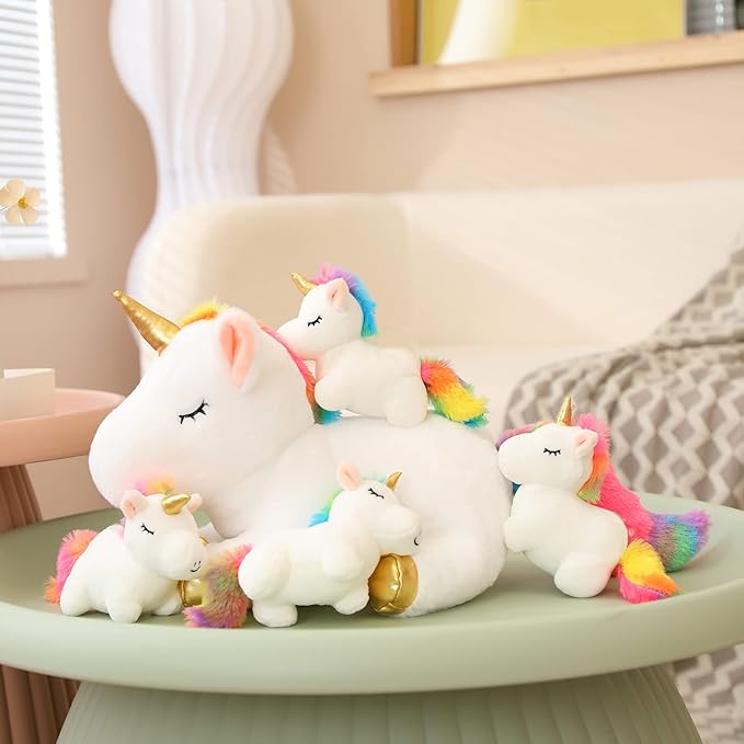 SQEQE Colorful Unicorn Plush Toy with 4 Baby Plush Unicorns in her Tummy, Stuffed Cotton Plush Animal Toy Gift for Kids