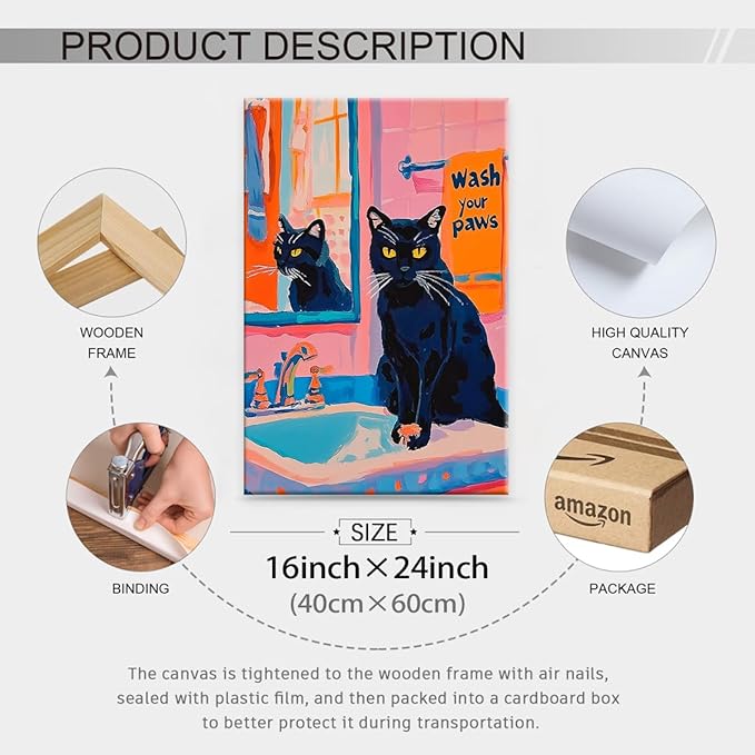 Black Cat Wash Your Paws Fun Wall Art Funky Colorful Bathroom Animal Poster Playful Kitsch Dopamine Aesthetic Canvas Pictures 16x24 inch Framed for Bathroom Wall Decor
