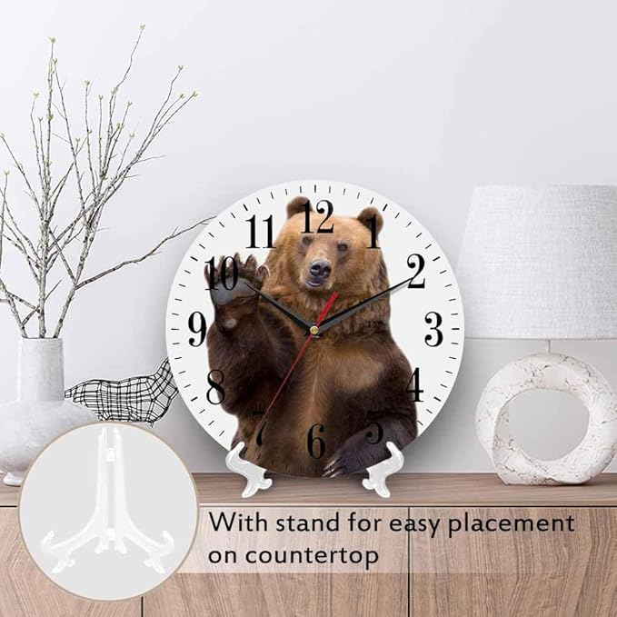 Bear Wall Clock The Brown Bear Welcomes and Waves a Paw 10 Inch Silent Non Ticking Battery Operated Clock Vintage Round Clock for Living Room Bedroom Bathroom Office Decor