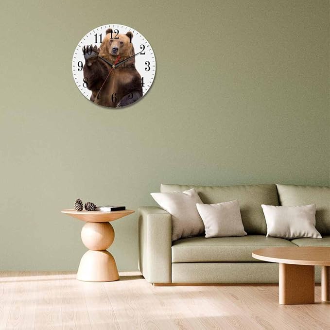 Bear Wall Clock The Brown Bear Welcomes and Waves a Paw 10 Inch Silent Non Ticking Battery Operated Clock Vintage Round Clock for Living Room Bedroom Bathroom Office Decor