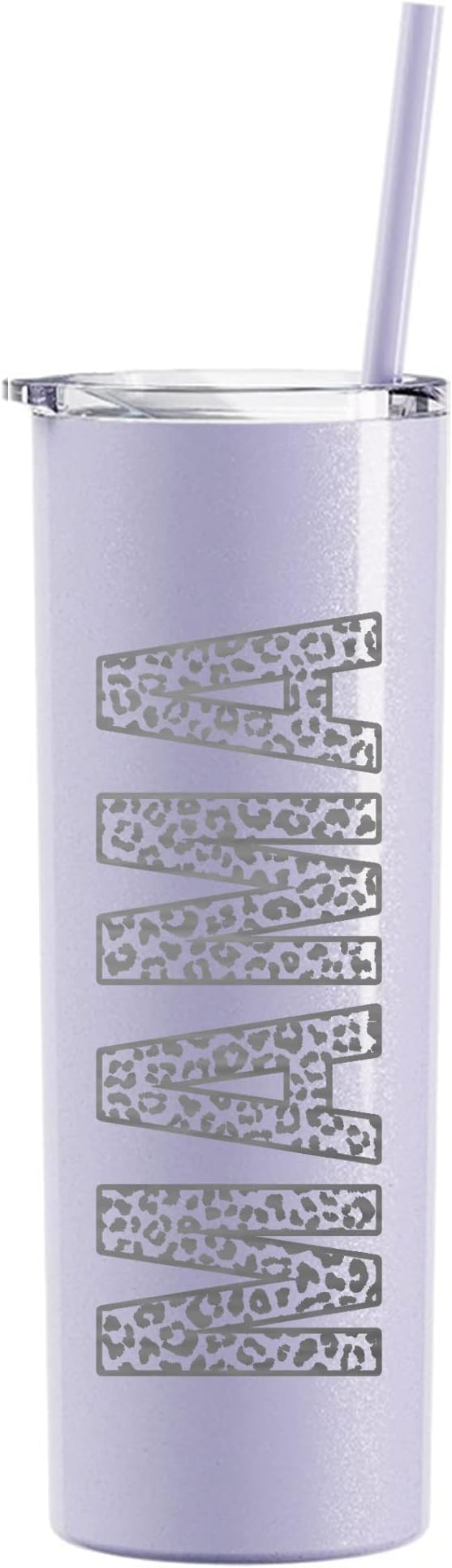 The Crafty Engineer (Glitter Lavender Leopard Print MAMA Tumbler - 20 oz Leopard Mama Tumbler - Laser Engraved Mama Print Leopard Design, Perfect Mom Gift, Travel Ready Insulated Tumbler with Straw