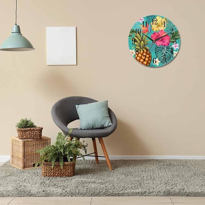 Tropical Pineapple Wall Clock Blooming Hibiscus Flowers Palm Exotic 10 Inch Silent Non Ticking Battery Operated Clock Vintage Round Clock for Living Room Bedroom Bathroom Office Decor