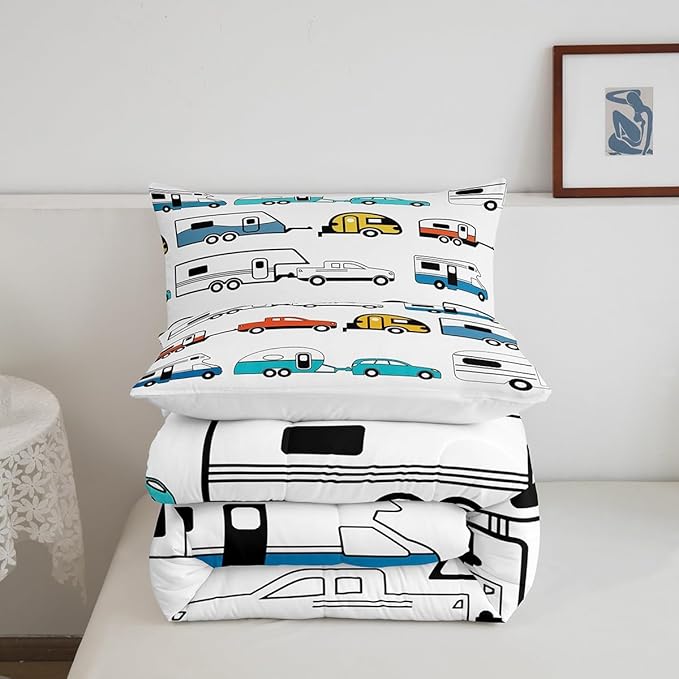 Camper Comforter Set King, Happy Camping Bedding Set for Kids Boys Girls Children, Camping Trailer Travel Car Pattern Bedding Comforters & Sets, Cartoon Car Down Comforter RV Accessories, Colorful