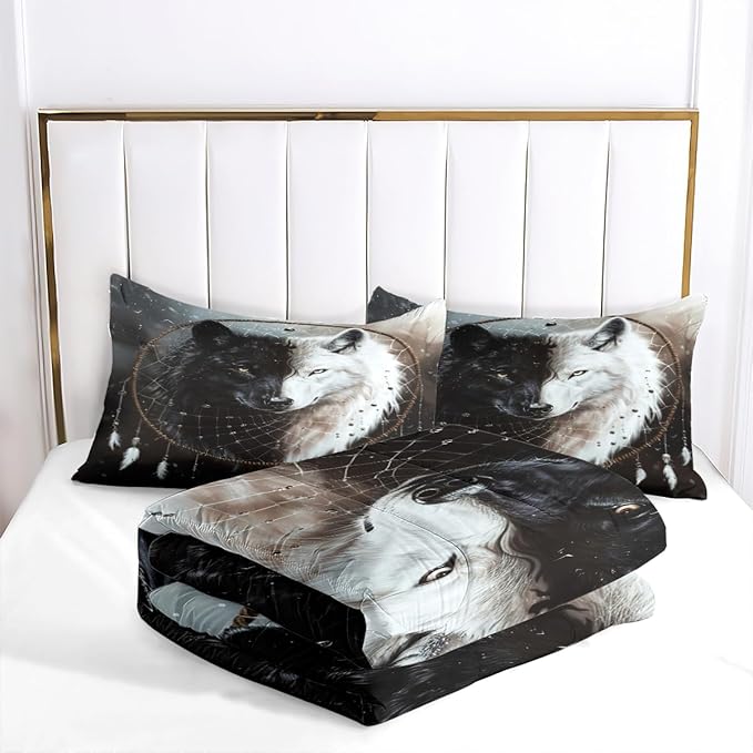 Wolf Bedding Twin Size Black White Wolves Bedding Set Wolf Dreamcatcher Comforter Set for Kids Boys Wild Animal Comforter with 1 Pillowcase