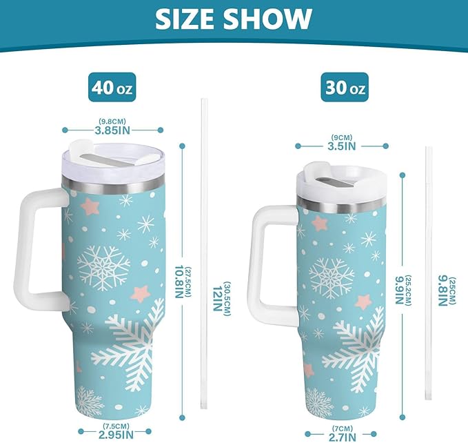 Boccsty Blue White Snowflakes Christmas Insulated Tumblers Reusable Stainless Steel Tumbler 30 oz Cup Coffee Travel Mug Water Bottle with Handle & Flip Straw for Home Office Car
