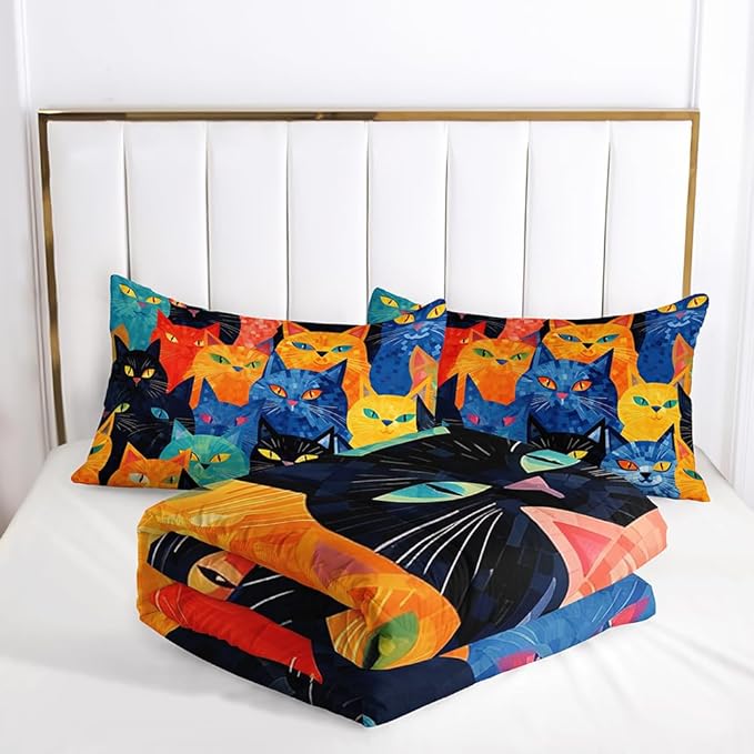 Suncloris Modern Chic Cats Comforter, Color Oil Painting Cats Bedding Set for Girls Boys, Cartoon Pet Cats Themed Quilt Bedroom Decor with 2 Pillow Cases (ColorCat, Queen)