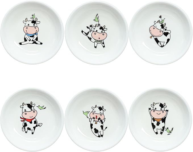 Super Cute Cartoon Animal Pattern Ceramic Sauce Dish/Seasoning Dish/Sushi Soy Dipping Bowl/Appetizer Plates/Serving Dish for Kitchen Home(Set of 6)-Cow