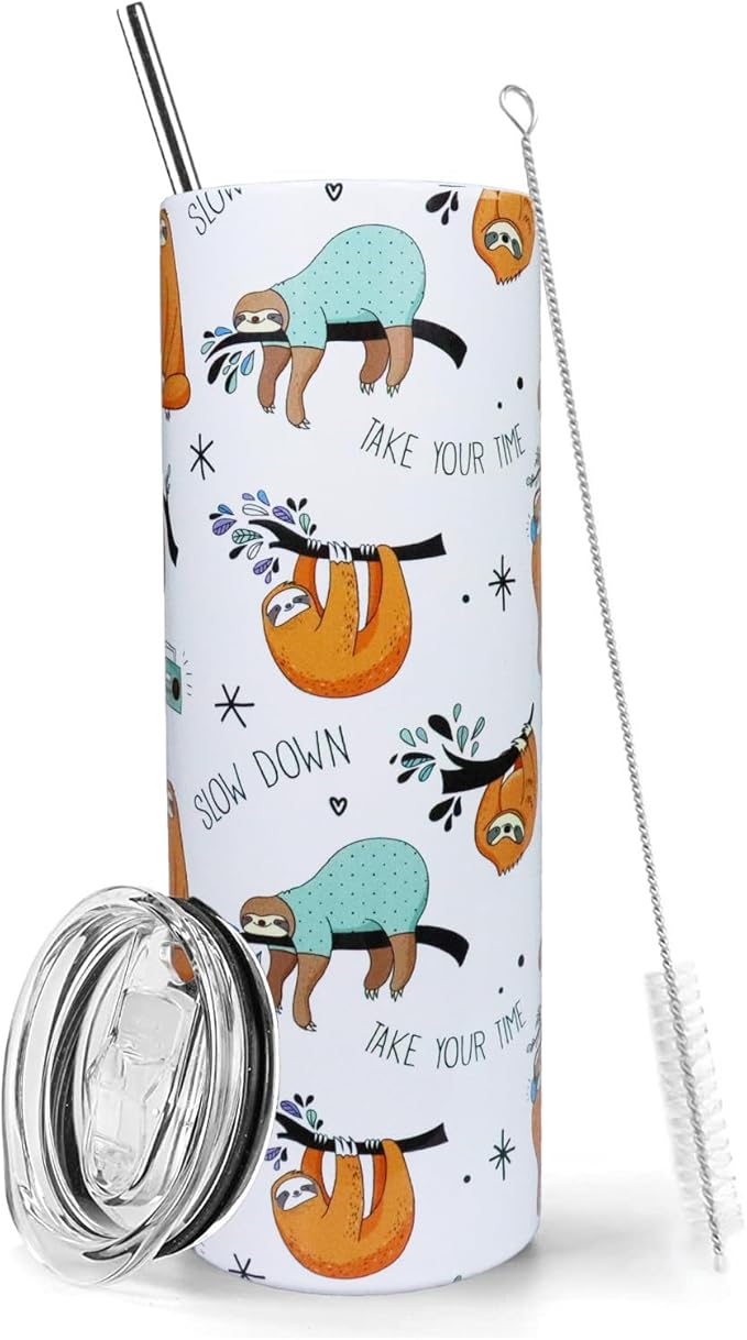 Sloth Tumbler - 20oz Insulated Stainless Steel Sloth Skinny Tumbler With Lid and Straw - Perfect for Women, Travel, or Gifts