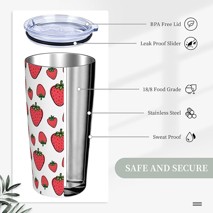 Strawberry Tumbler Berries Stainless Steel Insulated Tumblers with Lid Straw Reusable Summer Fruit Coffee Travel Mug Tea Drinking Water Wine Cups Birthday Gifts for Women 20 Oz