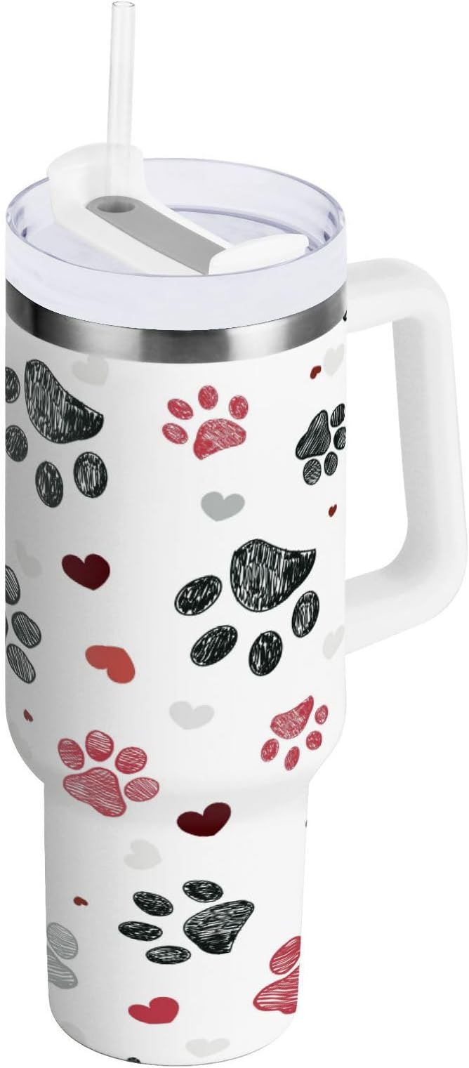 Boccsty Black Red Dog Paw Prints Hearts Insulated Tumblers Reusable Stainless Steel Tumbler 30 oz Cup Coffee Travel Mug Water Bottle with Handle & Flip Straw for Home Office Car