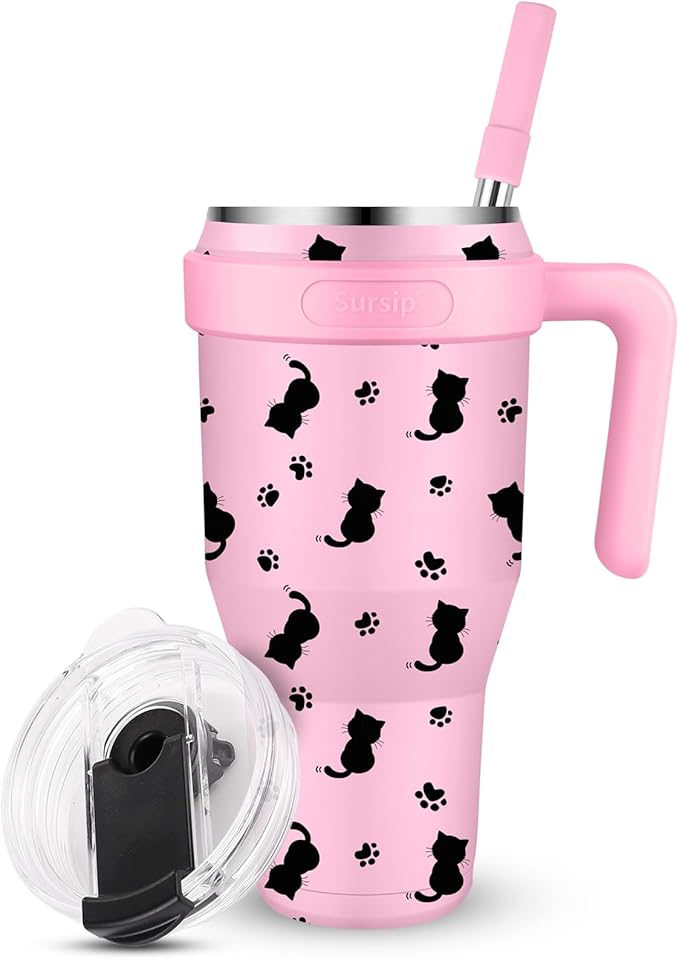 Sursip 40 oz Insulated Tumbler with Screw Lid - Stainless Steel Vacuum Cup with Straw and Handle, For Cold/Hot Drinks - Sweat/Leak Proof, Fits Cup Holder, Ideal Gifts for Women/Men (Pink Kitten)