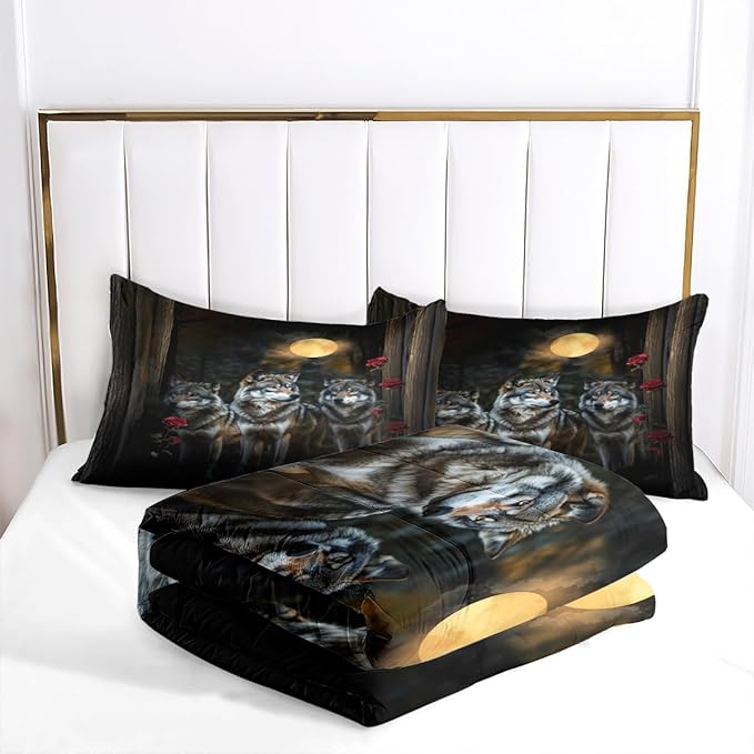 Wolves Comforter Set Twin Forest Wolf Safari Animal Bedding Set with Moon Red Rose Comforter and 1 Pillowcase
