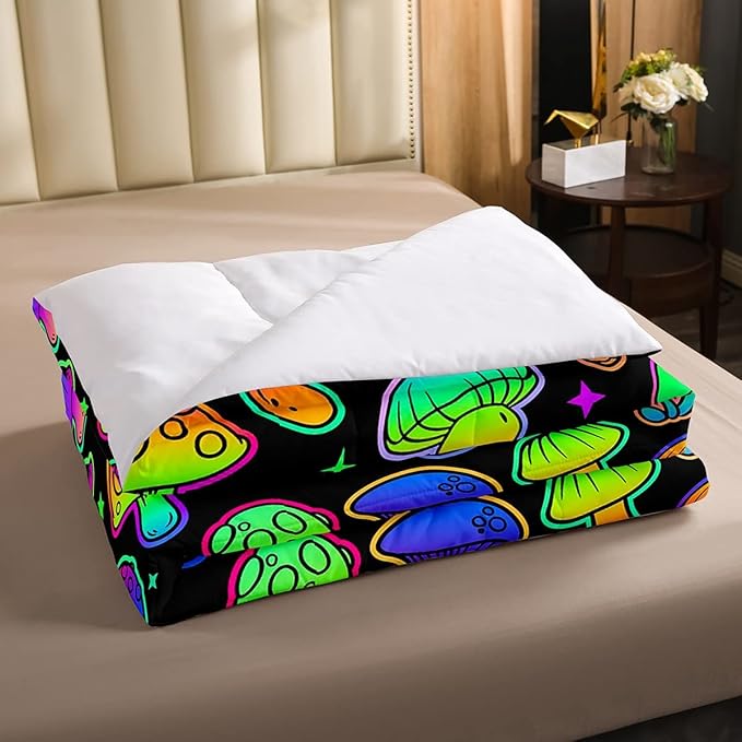 Boys Cute Mushroom Bedding Sets Full Size,Teen Girls Purple Black Hippie Mushrooms Comforter Set Kids Colorful Stars Botanical Bed Comforter Set Wild Plant Bedding Quilt Teal 2 Pillow Cases