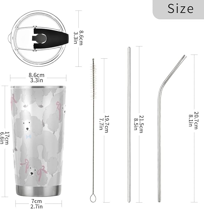 Tumbler Grey Cute Poodles Insulated Coffee Cup Beverage Container Office Travel Mug with Straw and Lid 20oz Back to School Gift
