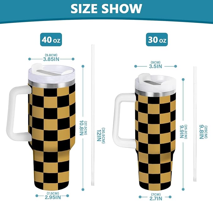 Boccsty Black Gold Squares Checkered Insulated Tumblers Reusable Stainless Steel Tumbler 40 oz Cup Coffee Travel Mug Water Bottle with Handle & Flip Straw for Home Office Car