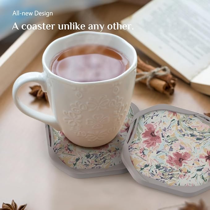 UMIRRO Absorbent Coasters for Drinks, Floral Silicone Cup Coaster with Felt Insert for Coffee Table Decor, Small Unique Birthday Gift Ideas for Men Dad Him Women Mom Her, 4", Colorful, Set of 4