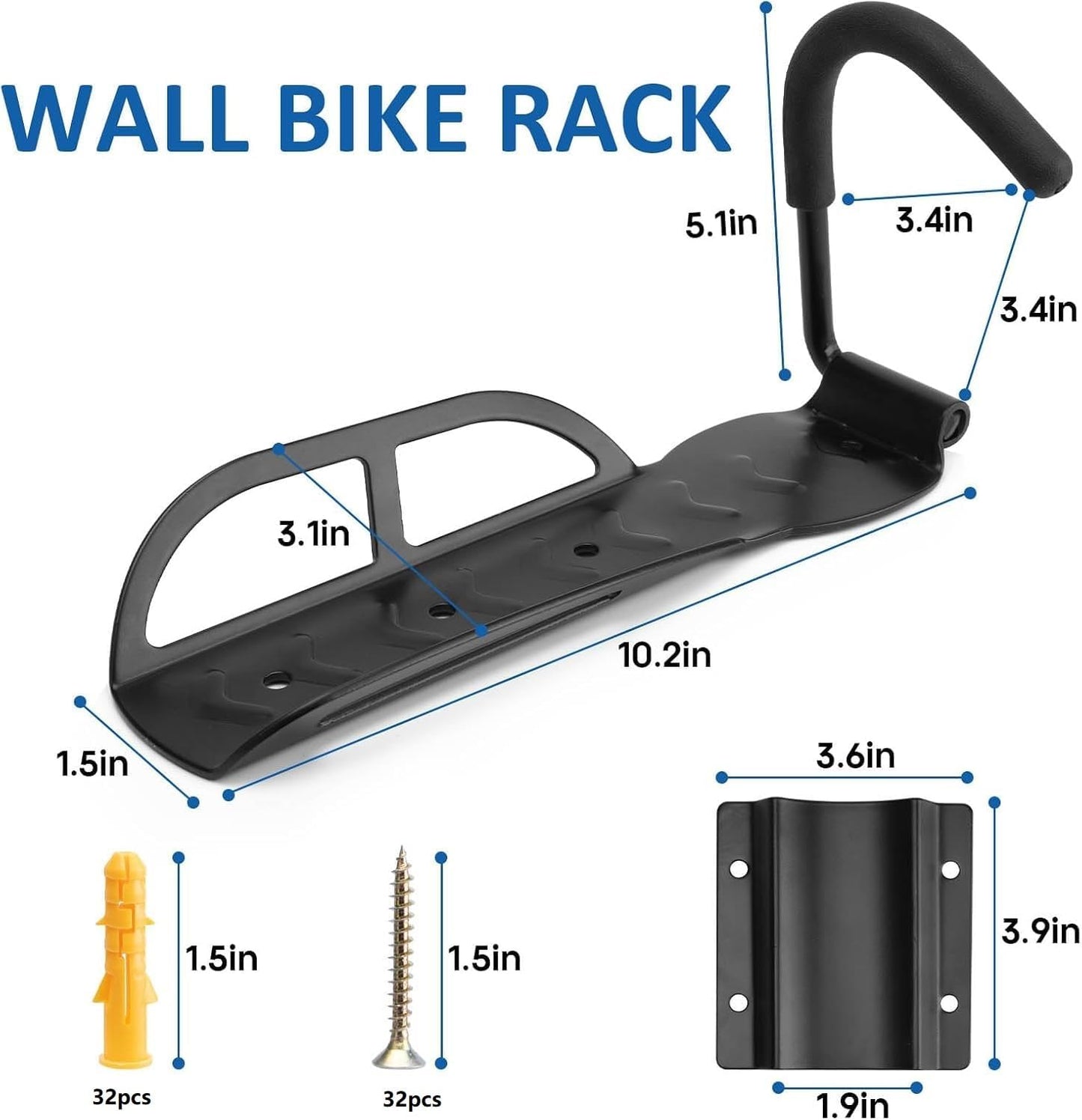 Garage Bike Rack Wall Mount, Bike Hanger Hooks, Heavy Duty Vertical Bicycle Storage System for Indoor, Mountain MTB and Road Bikes, Holds up to 65 lbs with Screws, 4 Pack
