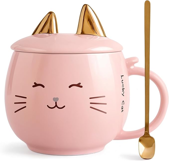 Yuwu Cat Ceramic Coffee Mug with Spoon & Lid, 13.5 oz Novelty Mug with Phone Stand Lid, Kawaii Tea Cup for Women & Cat Enthusiasts