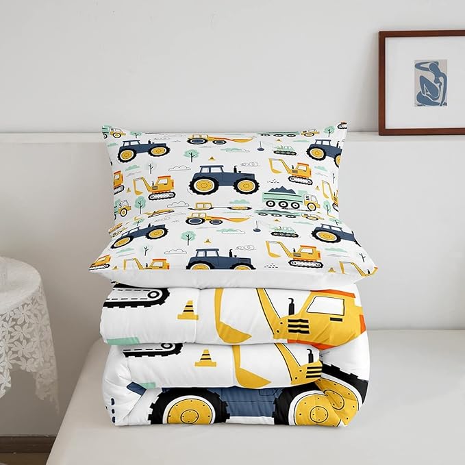 Boys Cartoon Car Bedding Set King, Excavator Tractor Comforter Set for Kids Teens, Equipment Trucks Quilted Duvet, Heavy Machinery Construction Bedding Comforter Sets with 2 Pillowcases Bedroom Decor