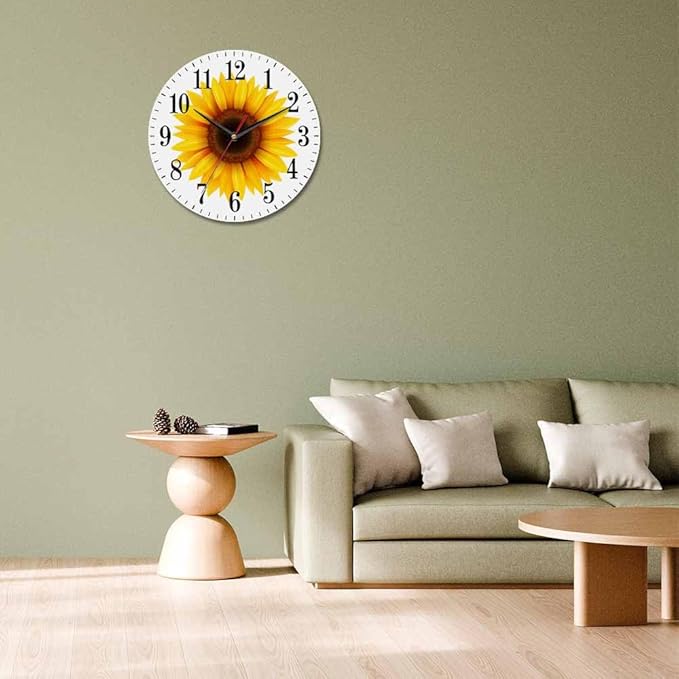 Sunflower Flower Wall Clock Beautiful Yellow Floral Blooming Nature Bright 10 Inch Silent Non Ticking Battery Operated Clock Vintage Round Clock for Living Room Bedroom Bathroom Office Decor