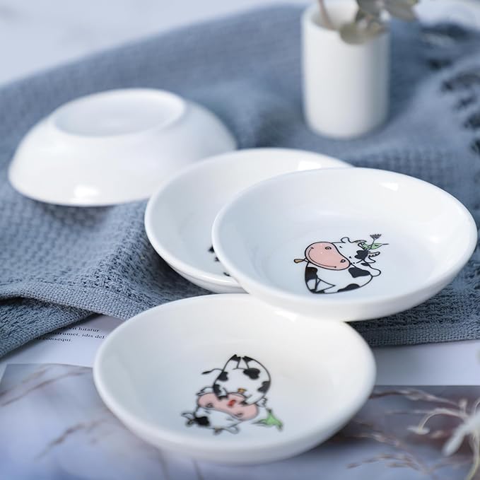 Super Cute Cartoon Animal Pattern Ceramic Sauce Dish/Seasoning Dish/Sushi Soy Dipping Bowl/Appetizer Plates/Serving Dish for Kitchen Home(Set of 6)-Cow