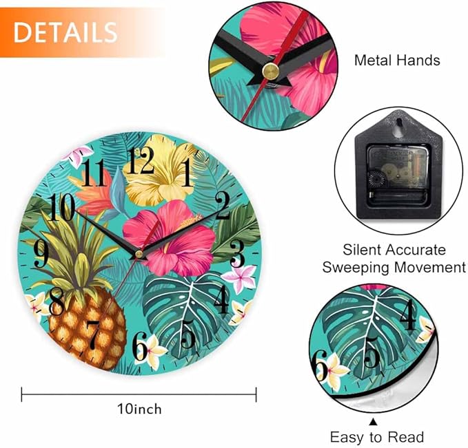 Tropical Pineapple Wall Clock Blooming Hibiscus Flowers Palm Exotic 10 Inch Silent Non Ticking Battery Operated Clock Vintage Round Clock for Living Room Bedroom Bathroom Office Decor