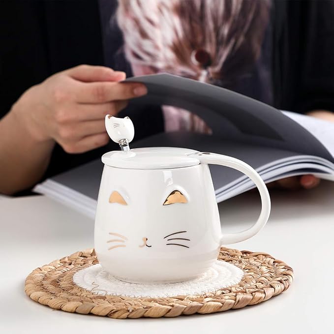 Yuwu Cat Mug Cute Coffee Mug gifts for cat lovers Ceramic Cup, Novelty Mug with Lid and Stainless Steel Spoon, Christmas Birthday Gifts Present for kids Women Girls (White)